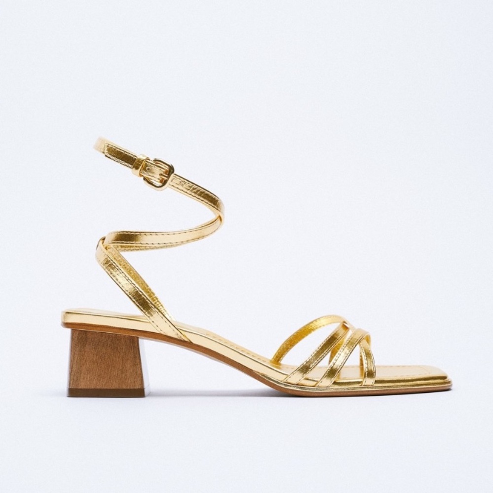Zara Leather Gold Sandals with Wooden Heel - Picture 1 of 5